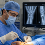 Wrist fracture fixation surgery in progress